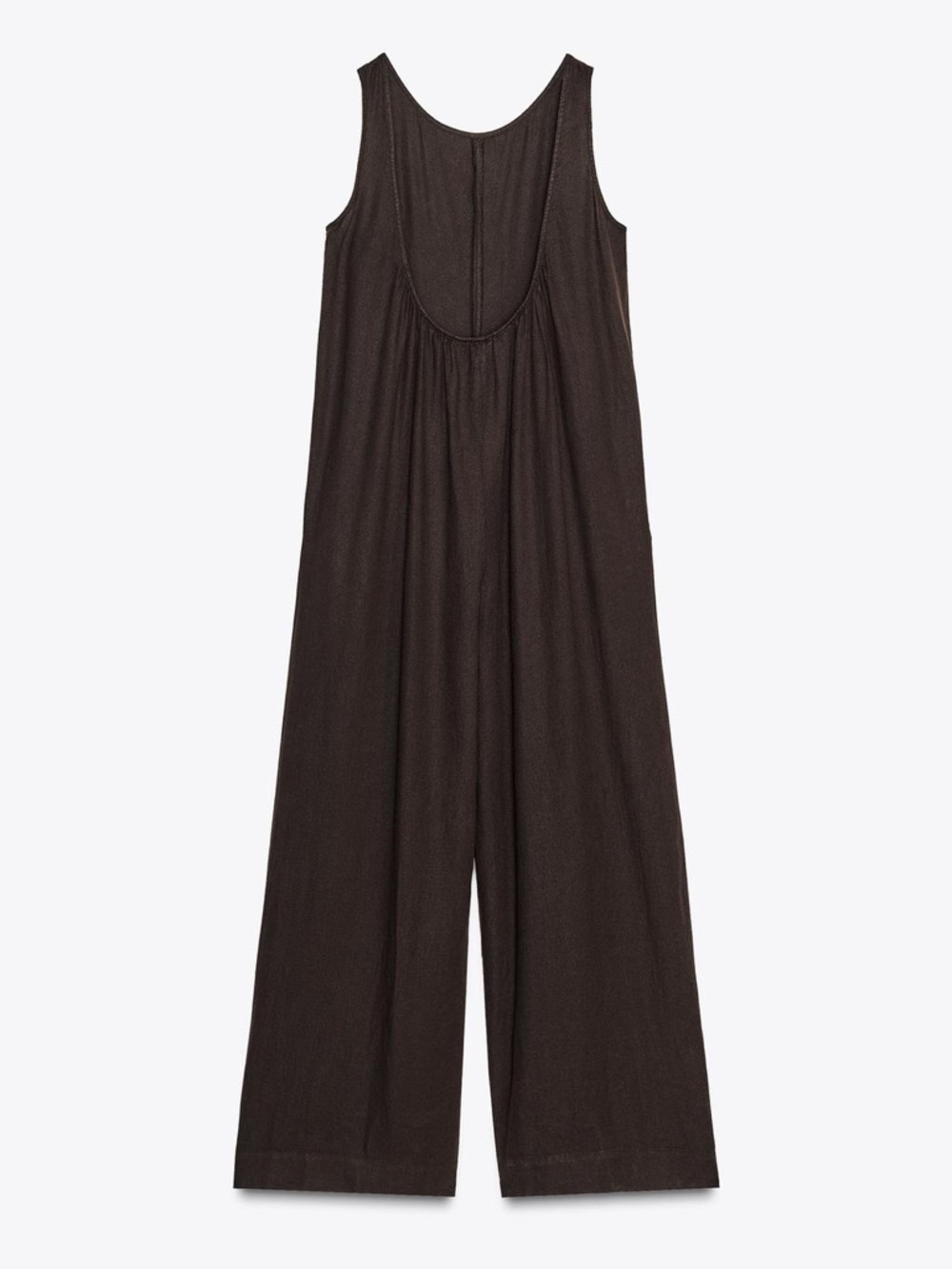 Zara Long Linen Jumpsuit Open back Sleeveless Brown Round Neckline Baggy - Picture 4 of 14